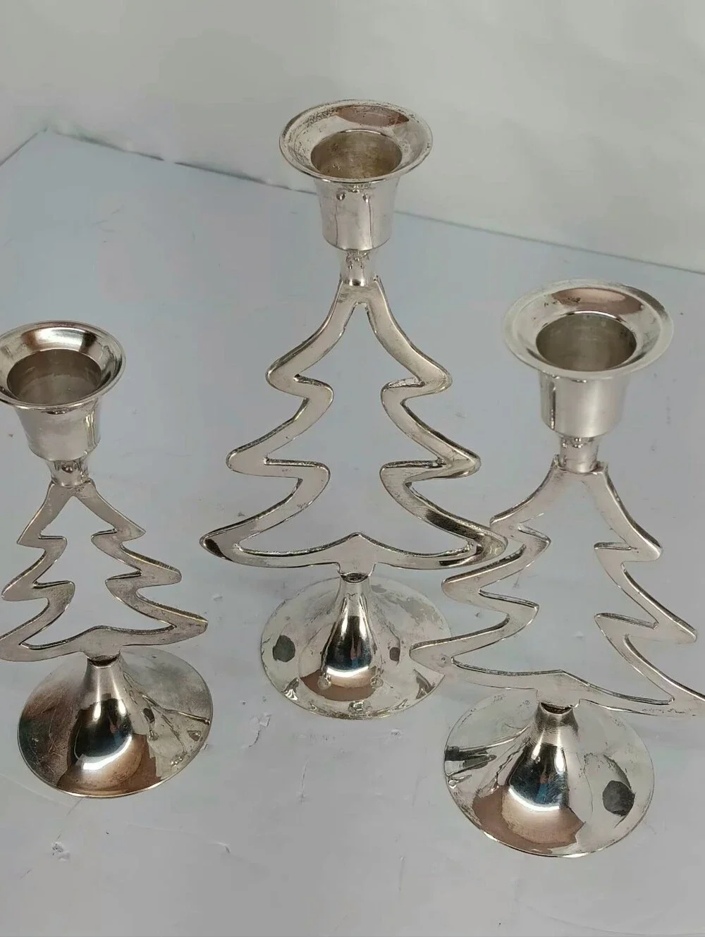 Silver Plated Christmas Tree Candle Holders - Set of 3